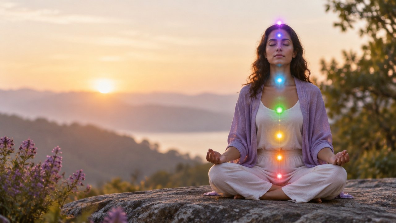 Pessoa meditando em ambiente natural com pontos de luz sutis representando os sete chakras