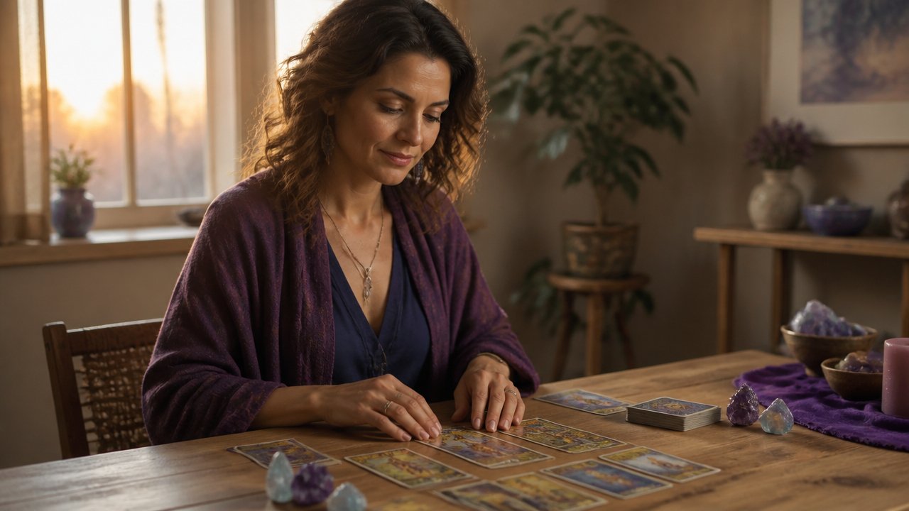 Pessoa refletindo diante de cartas de tarot em uma mesa iluminada, simbolizando a retomada da coragem após um revés