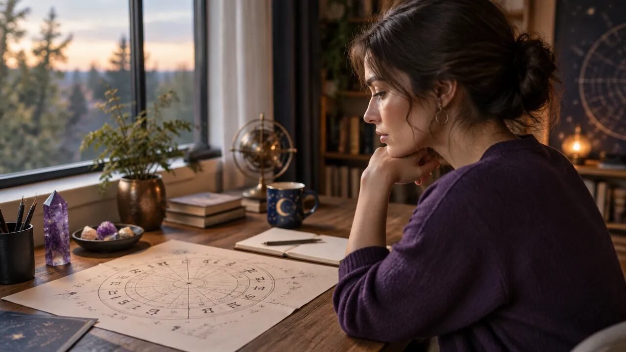 Pessoa refletindo diante de um mapa astrológico em uma mesa, imagem sobre autoconhecimento e astrologia psicológica