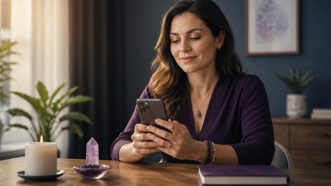 Pessoa segurando celular em ambiente calmo com elementos de proteção espiritual ao redor