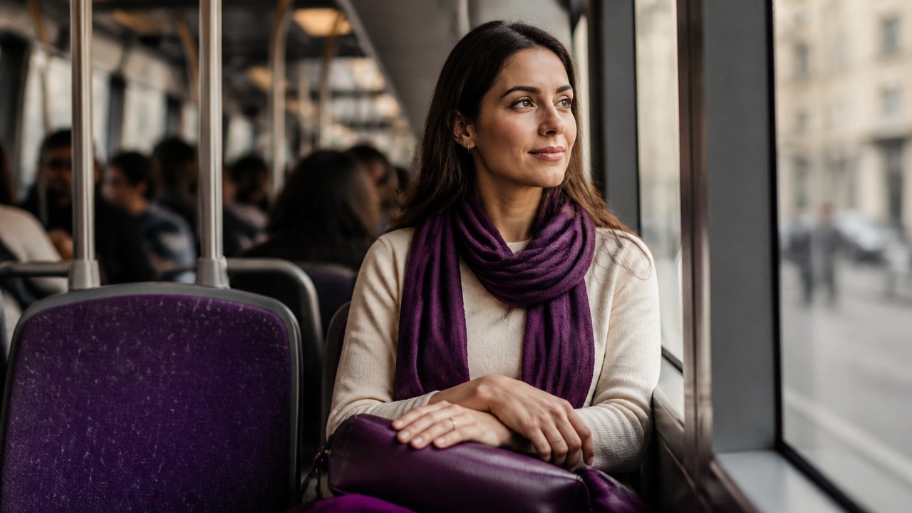 Pessoa serena em transporte público, transmitindo proteção espiritual em meio à rotina urbana