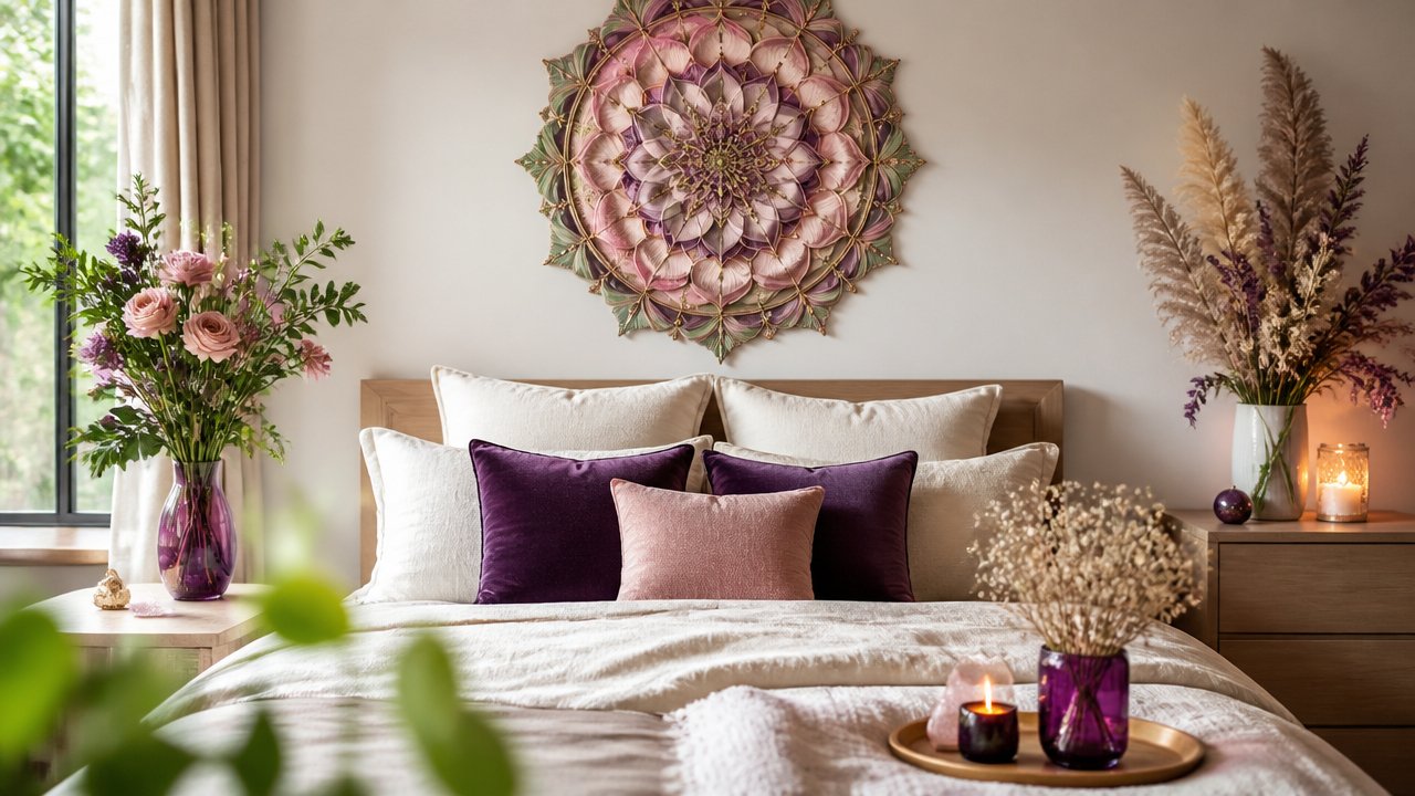 Quarto acolhedor com mandala de flores acima da cama, em clima de autocuidado e harmonia emocional