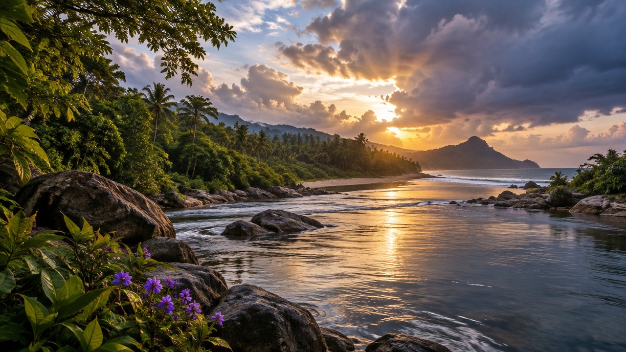 Rio, mata e mar ao amanhecer evocam as forças da natureza associadas aos orixás