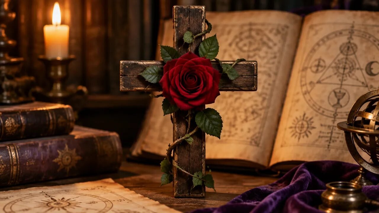 Rosa vermelha entrelaçada a uma cruz sobre livros antigos, evocando os símbolos do rosacrucianismo.