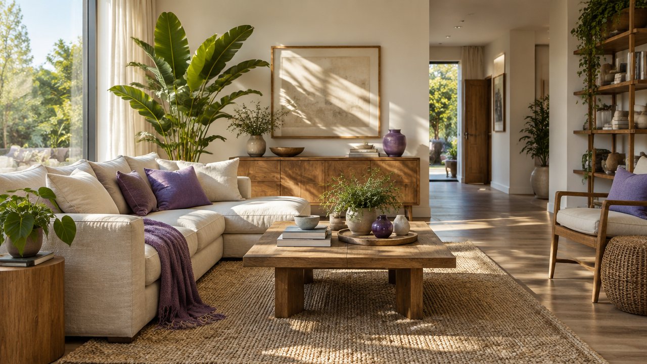 Sala de estar organizada e iluminada, com planta, madeira natural e circulação livre, inspirada no Feng Shui.