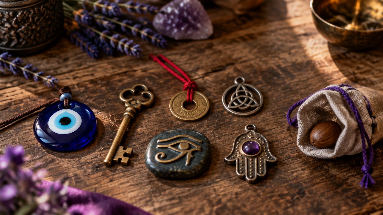 Sete amuletos simbólicos, incluindo chave antiga, moeda, pingente de olho e pequenos talismãs, dispostos sobre uma mesa de madeira