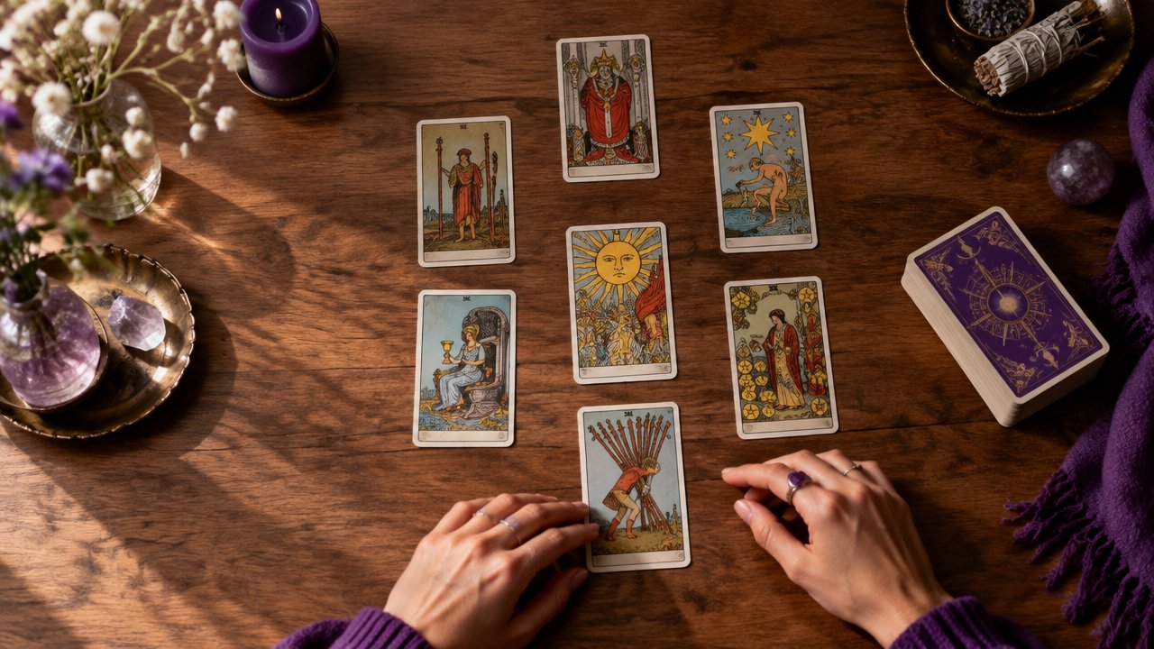 Sete cartas de Tarot dispostas em diferentes padrões sobre uma mesa de madeira, ilustrando tiragens para perguntas variadas.