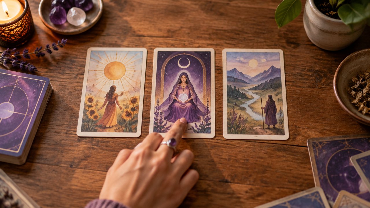 Três cartas de Tarot dispostas juntas sobre uma mesa, ilustrando a leitura de combinações.