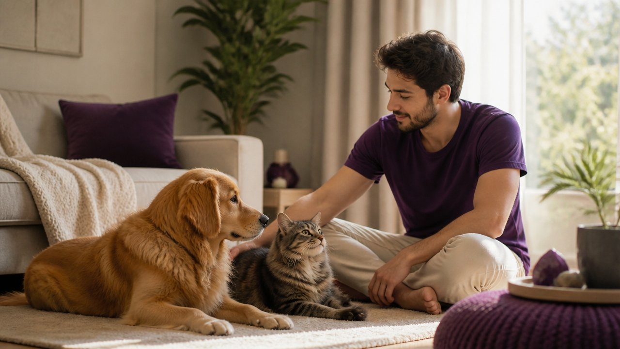 Tutor observando com atenção a energia de um cão e um gato em casa
