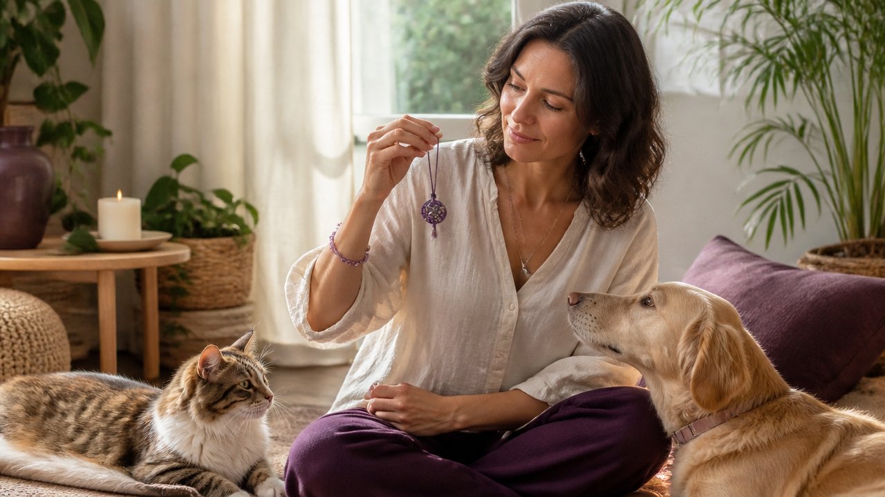 Tutora preparando um amuleto de proteção artesanal ao lado de um cachorro e um gato em ambiente acolhedor